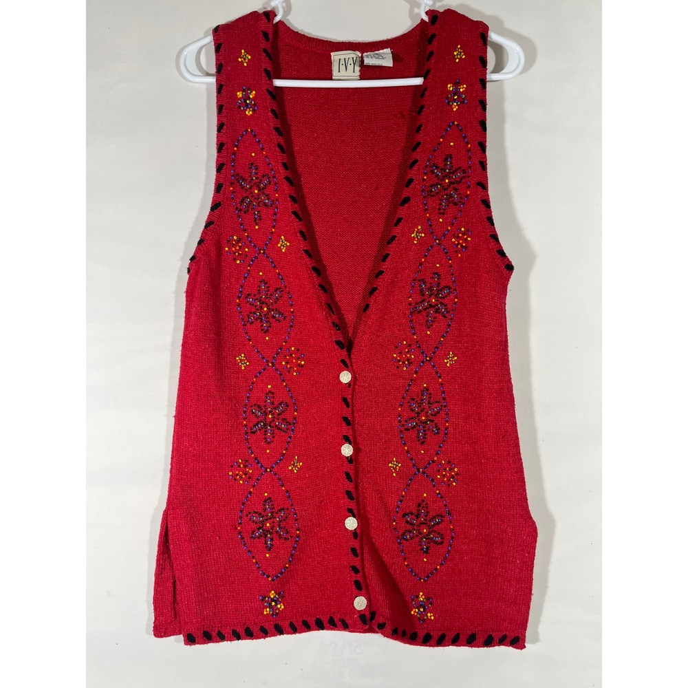IVY Vintage Beaded Knit Sweater Vest Womens M Red Floral Whipstitch V-Neck Artsy